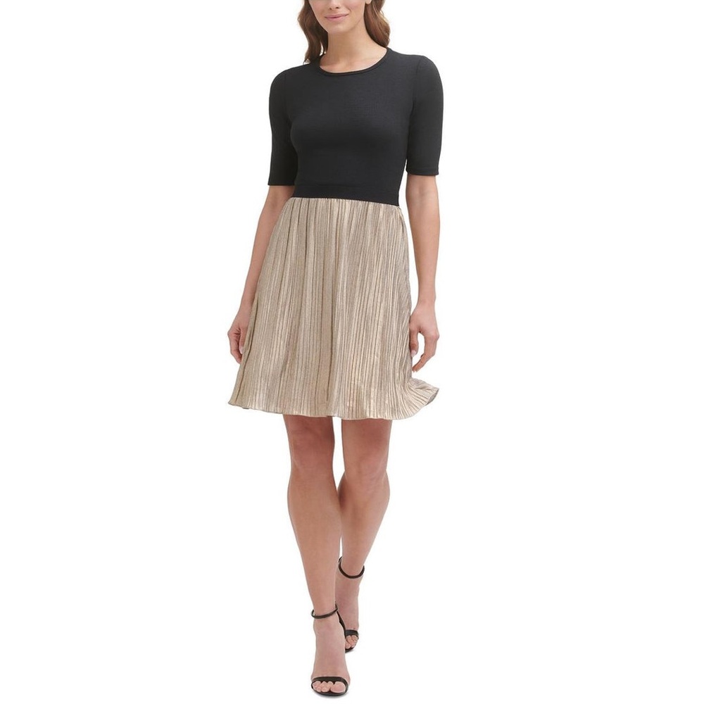 DKNY fit and flare dress gold black 14 flattering mixed media shorts sleeve work